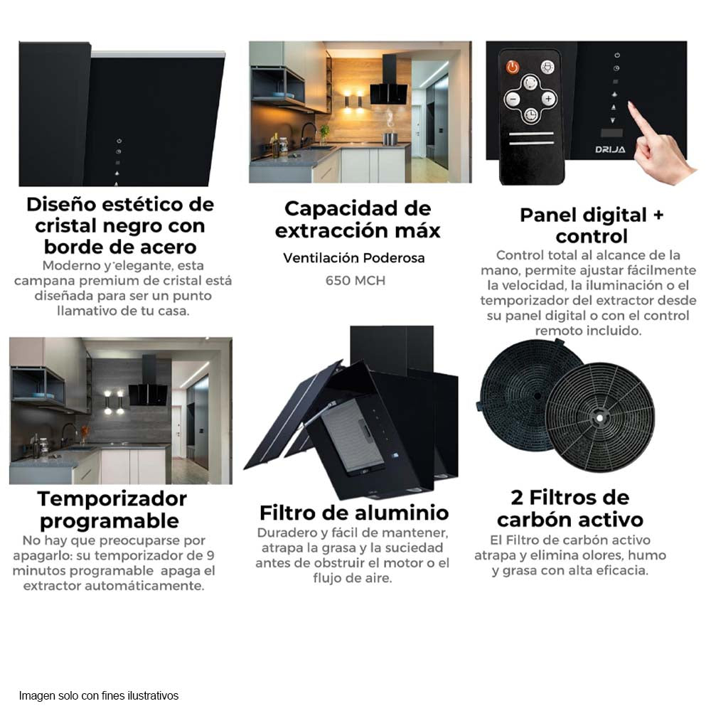 Extractor de grasa  Triangolo 90 de cristal negro con borde de acero, DRIJA  panel digital