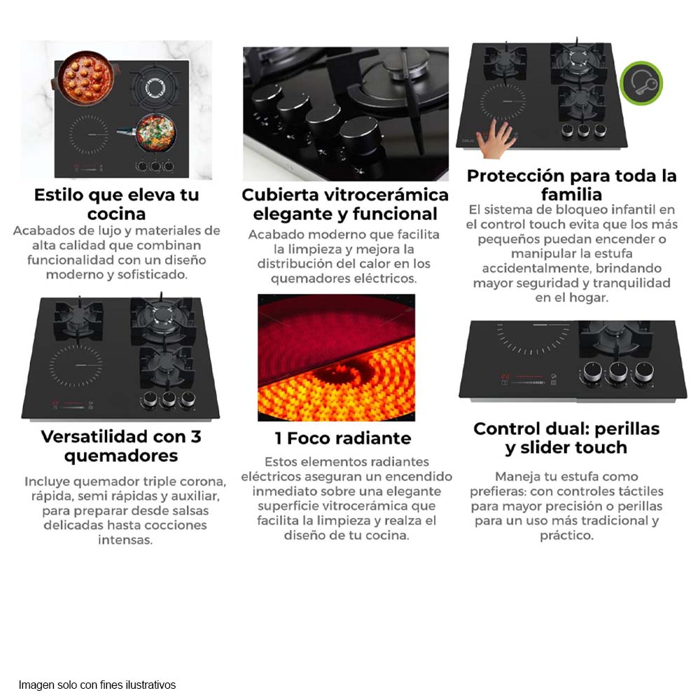 Estufa Dual empotrable 60” Sicilia Drija Vitroceramica 4 quemadores, perillas de lujo y control táctil