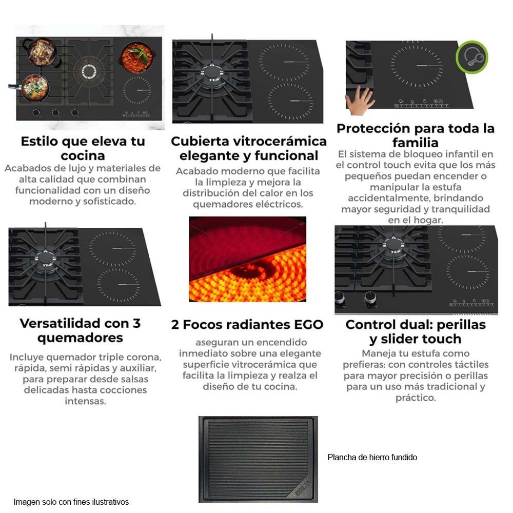 Estufa empotrable 90” Modelo Sicilia Touch 90 Sistema Dual (gas y eléctrica) Drija