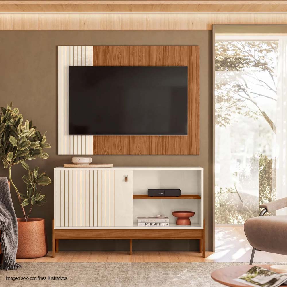 Combo de panel aéreo y mesa para TV de hasta 45" color canela miel / blanco