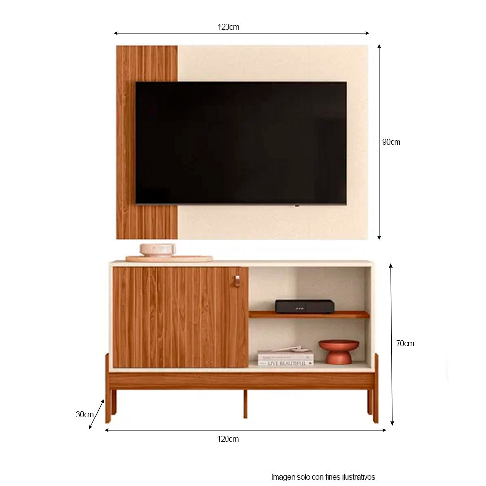 Combo de panel aéreo y mesa para TV de hasta 45" color perla metalizado / miel