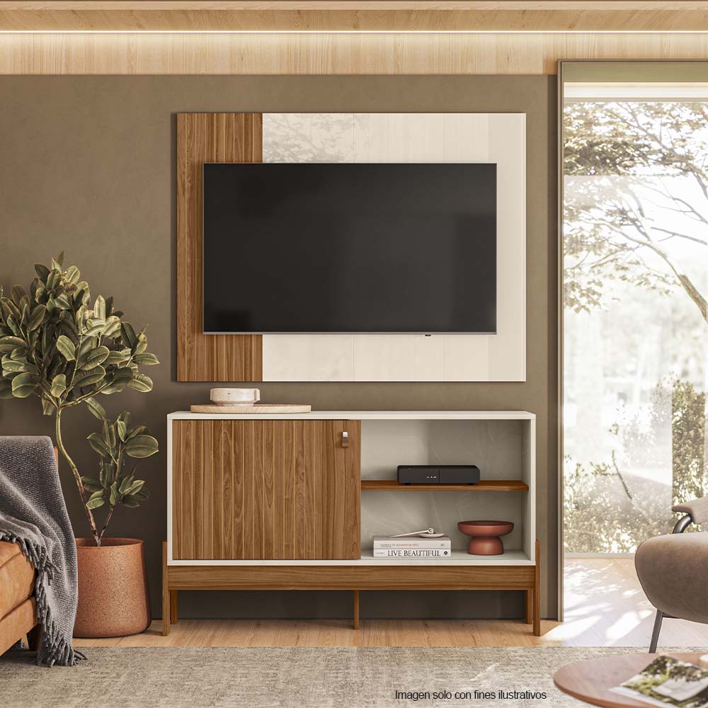 Combo de panel aéreo y mesa para TV de hasta 45" color perla metalizado / miel