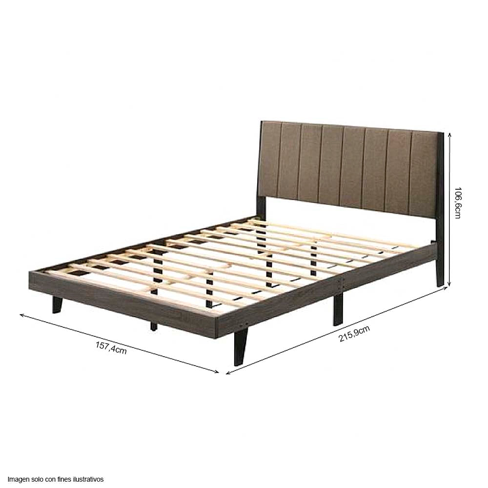 Cama Queen modelo Valdemar, cabecera tapizada tela marrón y base en gris envejecido.