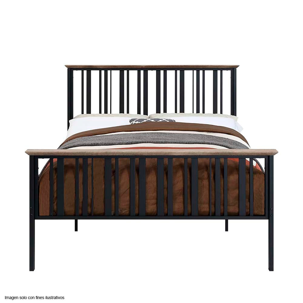 Cama tamaño Full modelo Zudora, color roble antiguo y acabado negro