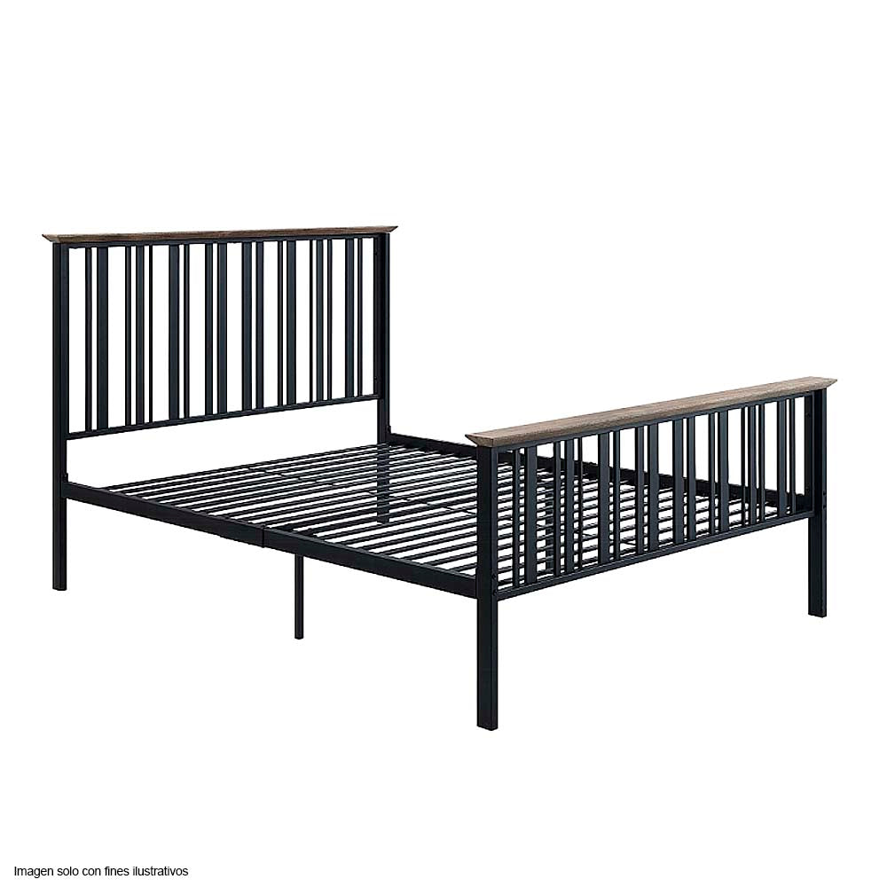 Cama tamaño Full modelo Zudora, color roble antiguo y acabado negro