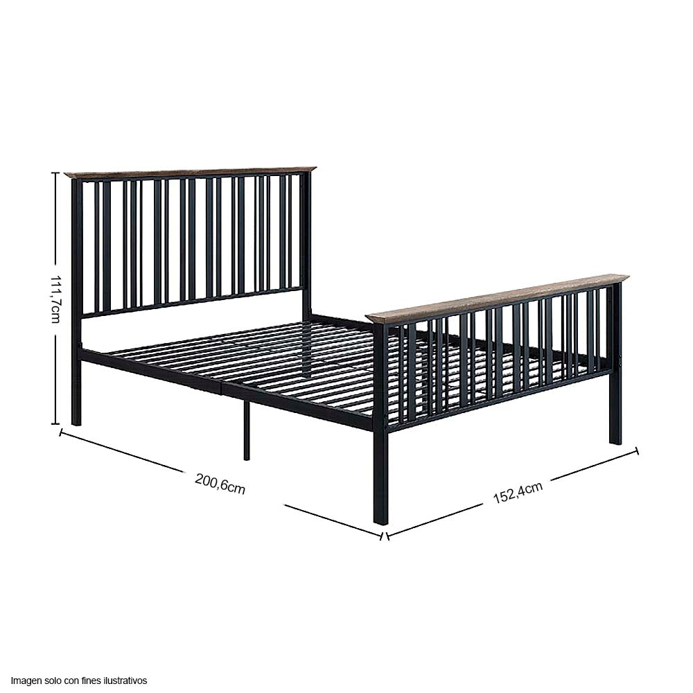 Cama tamaño Full modelo Zudora, color roble antiguo y acabado negro