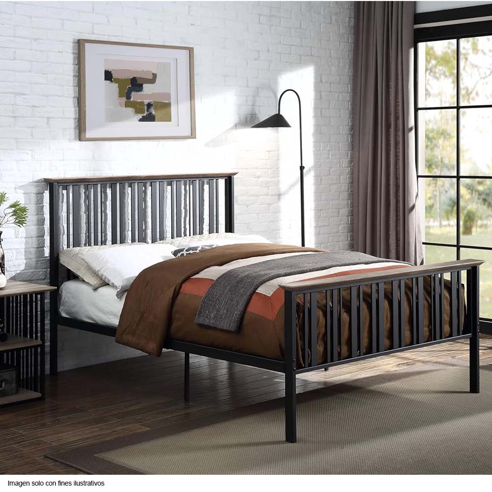 Cama tamaño Full modelo Zudora, color roble antiguo y acabado negro