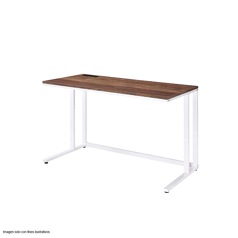 Escritorio Tyrese color nogal y blanco con puertos y enchufes incorporados