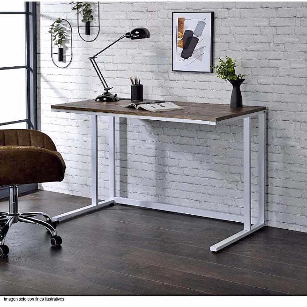 Escritorio Tyrese color nogal y blanco con puertos y enchufes incorporados