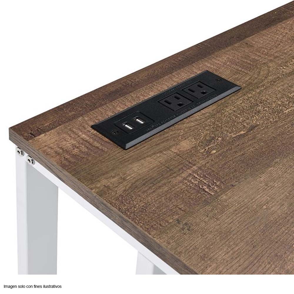 Escritorio Tyrese color nogal y blanco con puertos y enchufes incorporados