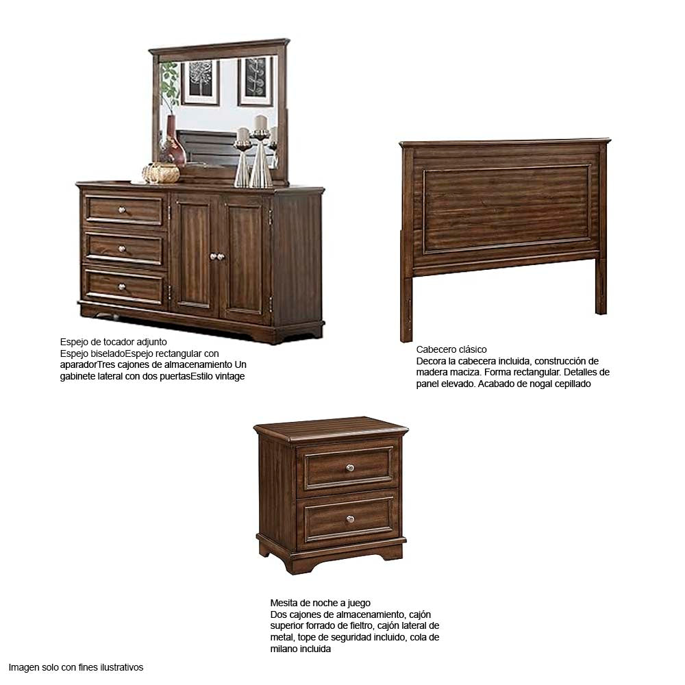 Juego de cama Queen 4 piezas Franklin color nogal cepillado