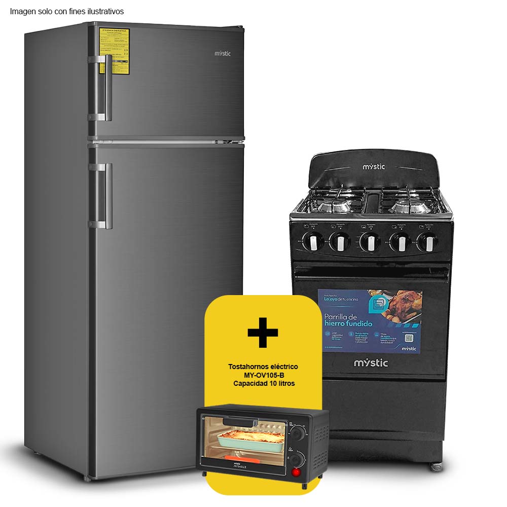 Combo Mystic Refrigeradora RF-207LSS 7.27pc + Estufa de 20" MY-ST4QZ920-PNCC-B + Tosta hornos eléctrico MY-OV105-B 10 litros