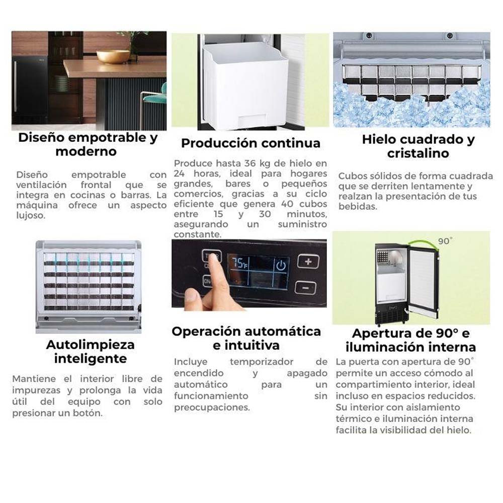 Máquina de hielo empotrable FH36-BLACK Drija, produce hasta 36kg de hielo en 24 horas