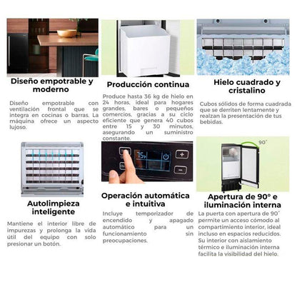 Máquina de hielo empotrable FH36-BLACK Drija, produce hasta 36kg de hielo en 24 horas
