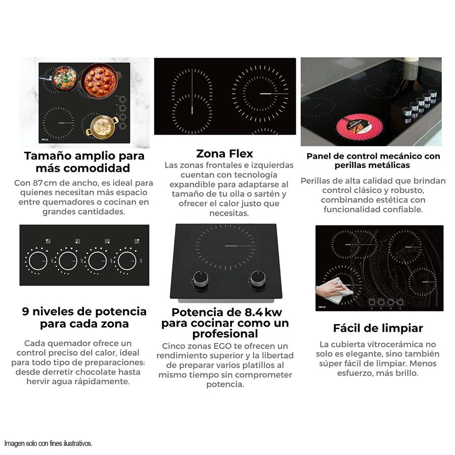 Estufa eléctrica Bari 90 Drija 5 quemadores EGO, perillas de lujo 9 niveles de potencia.