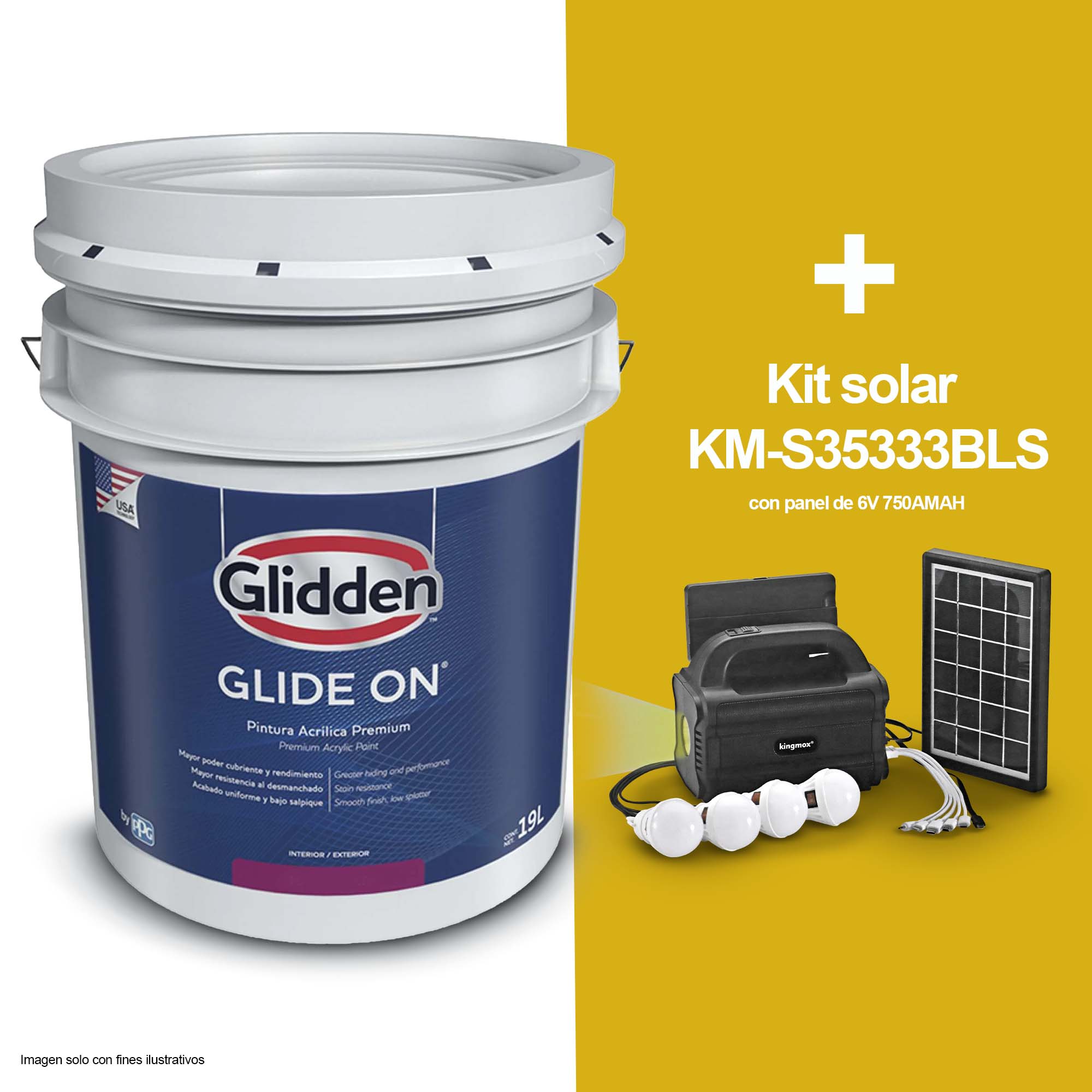Combo de pintura base Glide-On acrílica mate Accent (tanque 5Gls.) + Kit solar KM-S35333BLS con panel de 6V 750AMAH