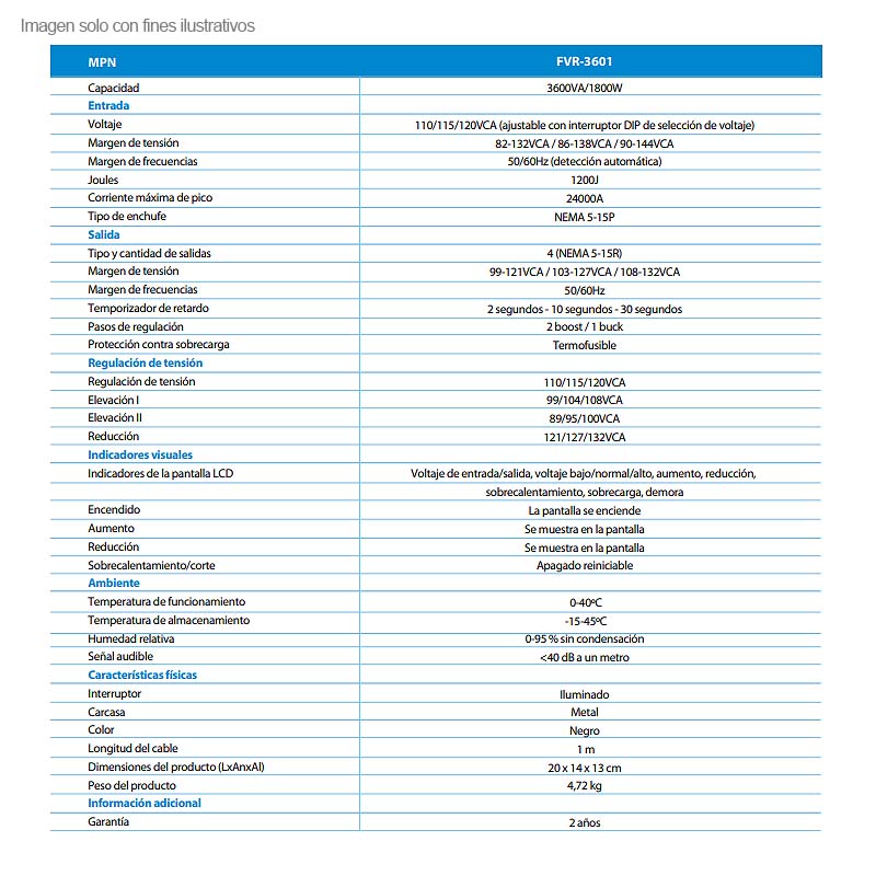 Regulador de voltaje FVR-3601 Forza, 3600VA/1800W 115V 4-NEMA 50/60HZ