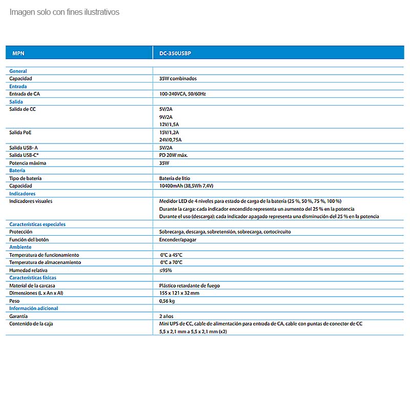 Mini UPS DC-350USBP de CC PoE 10400mAh, Forza
