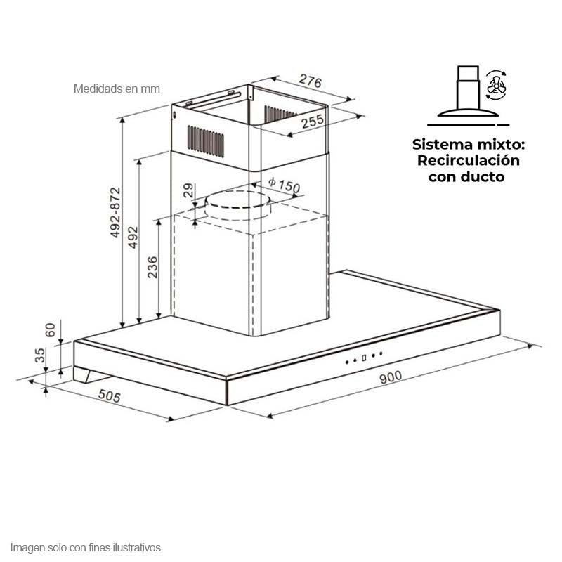 Extractor de grasa Pirámide 90 Black Drija de 89.5cm, 2 chimeneas iluminación LED panel táctil