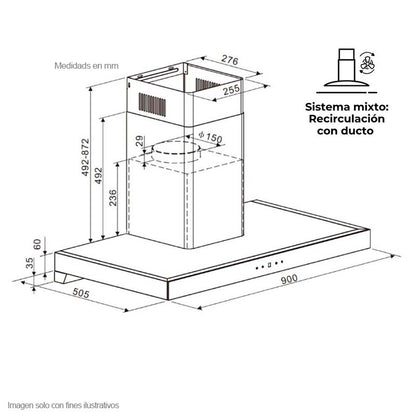 Extractor de grasa Pirámide 90 Black Drija de 89.5cm, 2 chimeneas iluminación LED panel táctil