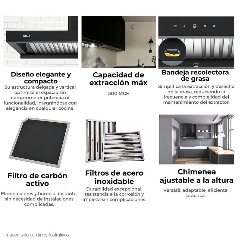 Extractor de grasa Pirámide 90 Black Drija de 89.5cm, 2 chimeneas iluminación LED panel táctil