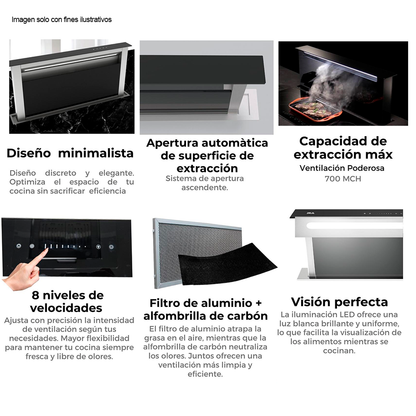 Extractor de grasa 90Cm Arco Isla 90, acero inoxidable panel de vidrio negro, extracción 700MCH filtro de aluminio