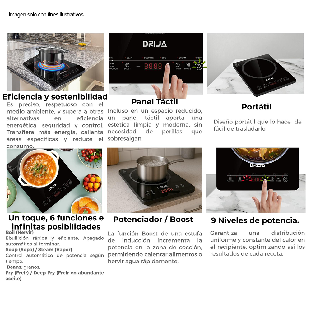 Estufa de inducción Múnich 28 Vitrocerámica negra control digital diseño compacto