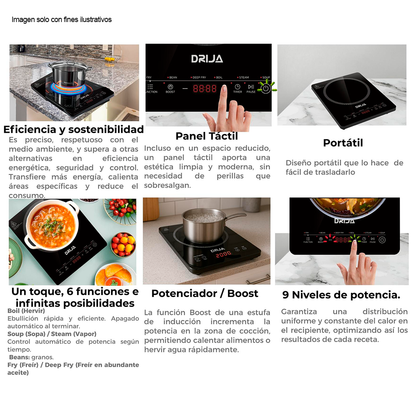 Estufa de inducción Múnich 28 Vitrocerámica negra control digital diseño compacto