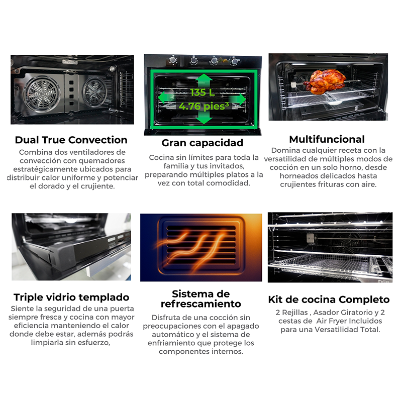 Horno empotrable 90 Gas Grill NORTEAMERICA 90 Drija,  Dual true convección, capacidad 135 litros