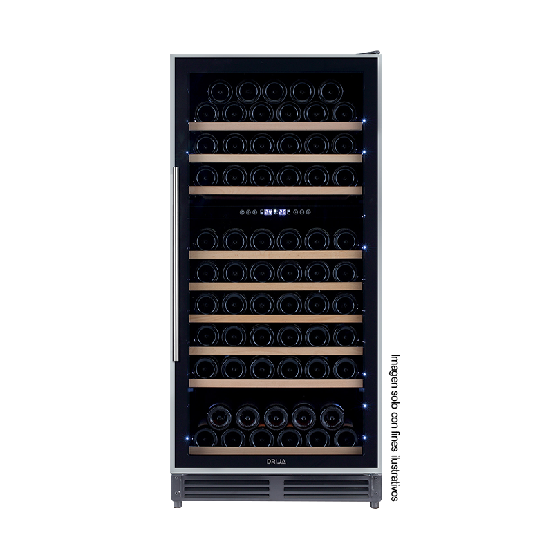 Vinera empotrable DOLCE 110 Drija, capacidad de 110 botellas, diseño versátil y elegante, control táctil (pantalla LED) sistema de enfriamiento dual, puerta reversible, 115V-60Hz