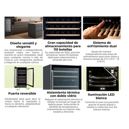 Vinera empotrable DOLCE 110 Drija, capacidad de 110 botellas, diseño versátil y elegante, control táctil (pantalla LED) sistema de enfriamiento dual, puerta reversible, 115V-60Hz