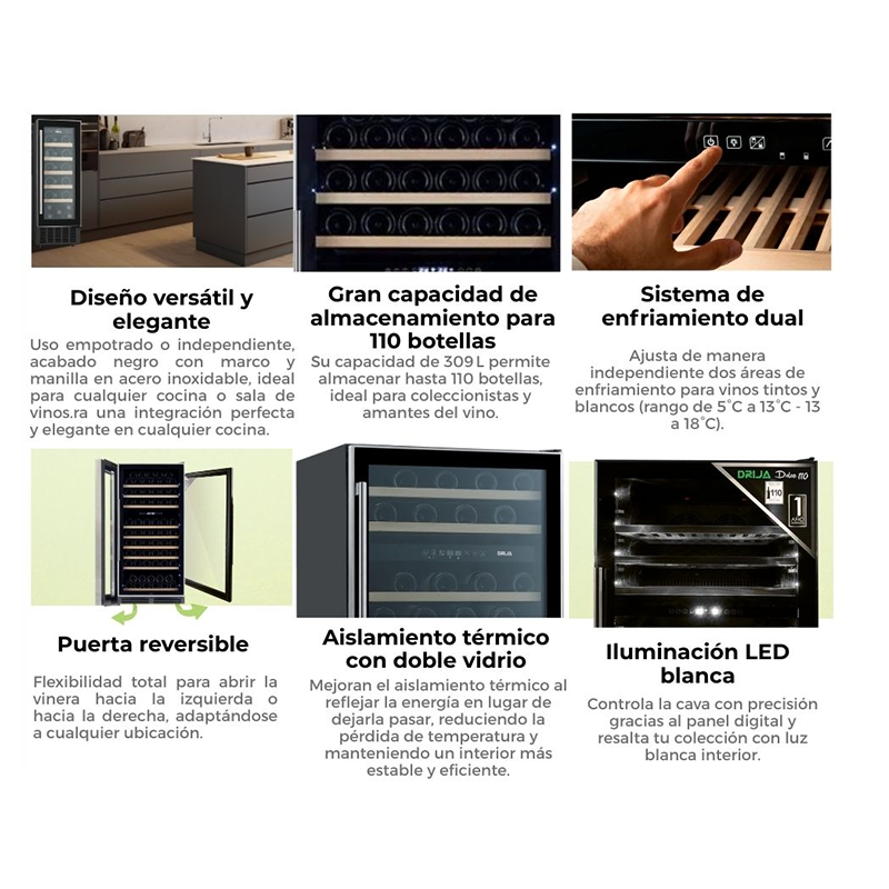Vinera empotrable DOLCE 110 Drija, capacidad de 110 botellas, diseño versátil y elegante, control táctil (pantalla LED) sistema de enfriamiento dual, puerta reversible, 115V-60Hz