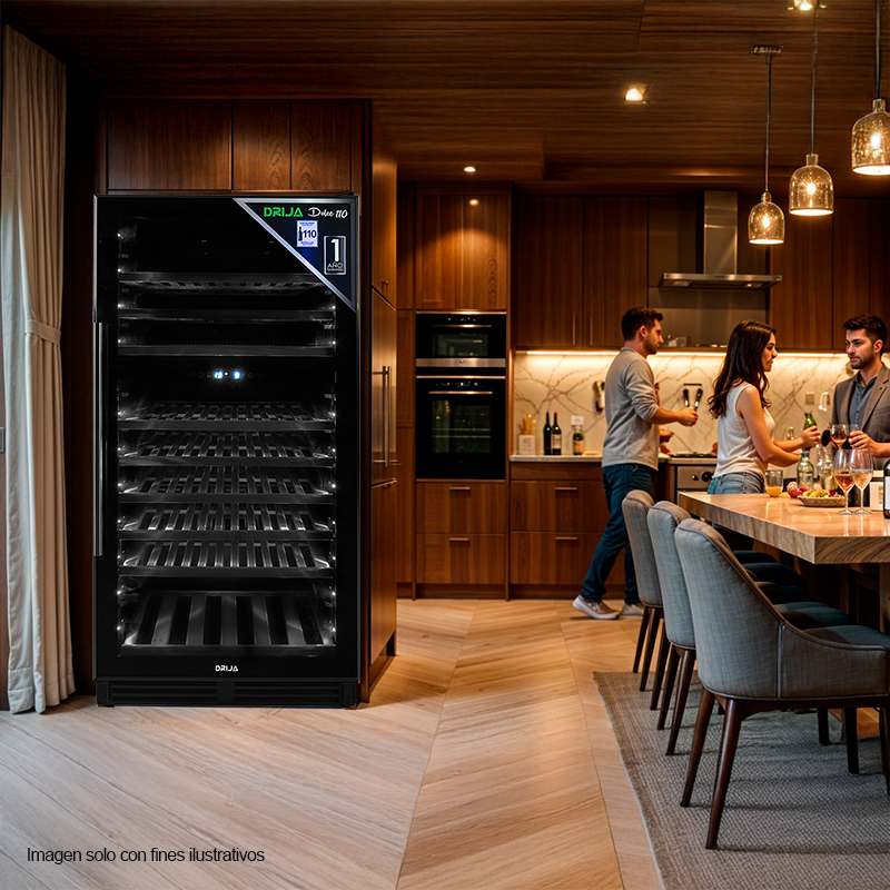 Vinera empotrable DOLCE 110 Drija, capacidad de 110 botellas, diseño versátil y elegante, control táctil (pantalla LED) sistema de enfriamiento dual, puerta reversible, 115V-60Hz