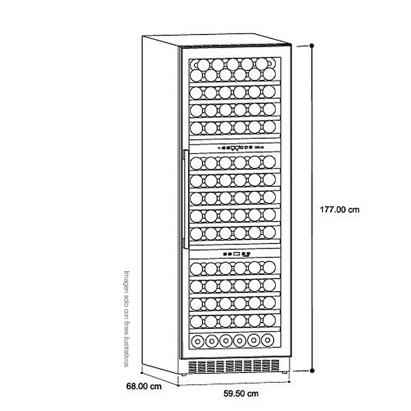 Vinera empotrable Lambrusco 160 Drija Capacidad 14.19pc, para 160 botellas, control pantalla digital táctil, compresor inverter, marco de acero inox.