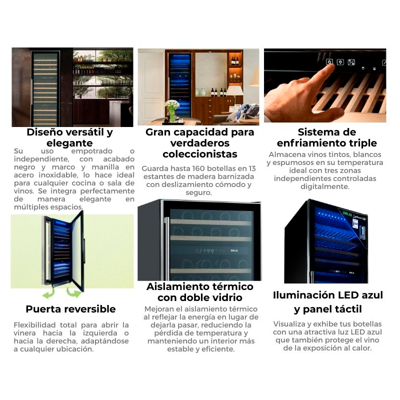 Vinera empotrable Lambrusco 160 Drija Capacidad 14.19pc, para 160 botellas, control pantalla digital táctil, compresor inverter, marco de acero inox.