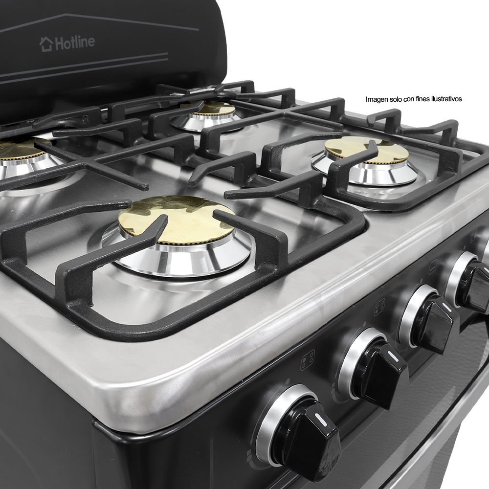 Estufa a gas de 24" HLGR600 Hotline 4 quemadores, mesa de acero inoxidable, color negro