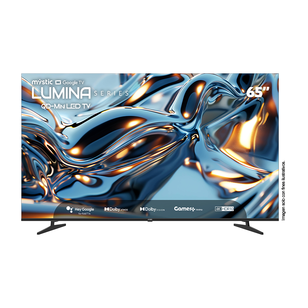 Televisor 65" QD-MiniLED MY-SMIG65709 Mystic Serie Lumina, con asistente de voz Hey Google Hands Free, 4K HDR10, Gamer 144Hz y Dolby Atmos, Dolby Vision, Google Play Store y Bluetooth