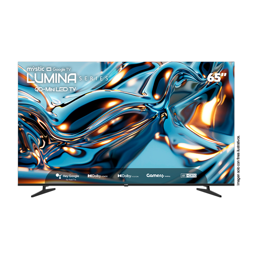 Televisor 65" QD-MiniLED MY-SMIG65709 Mystic Serie Lumina, con asistente de voz Hey Google Hands Free, 4K HDR10, Gamer 144Hz y Dolby Atmos, Dolby Vision, Google Play Store y Bluetooth