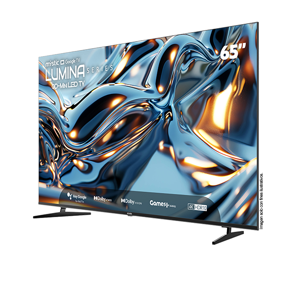 Televisor 65" QD-MiniLED MY-SMIG65709 Mystic Serie Lumina, con asistente de voz Hey Google Hands Free, 4K HDR10, Gamer 144Hz y Dolby Atmos, Dolby Vision, Google Play Store y Bluetooth