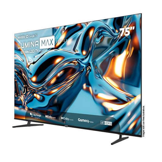 Televisor 75" QD-MiniLED MY-SMIG75709 Mystic Google TV, con asistente de voz Hey Google Hands Free, 4K HDR10, Gamer 144Hz y Dolby Atmos, Dolby Vision, Google Play Store y Bluetooth