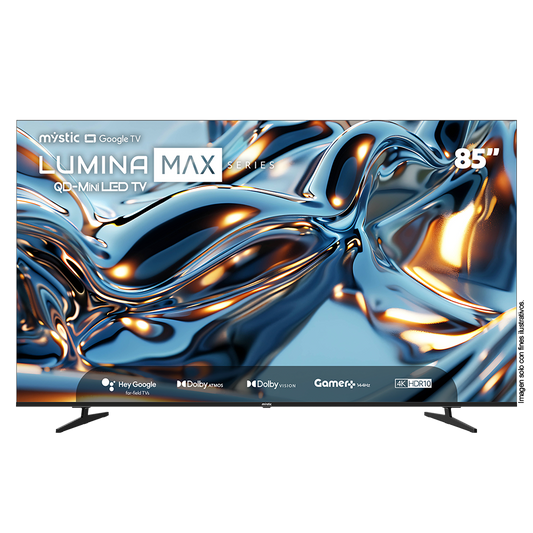 Televisor 85" QD-MiniLED MY-SMIG85709 Lumina Max series, Mystic, con asistente de voz Hey Google Hands Free, 4K HDR10, Gamer 144Hz y Dolby Atmos, Dolby Vision, Google Play Store y Bluetooth
