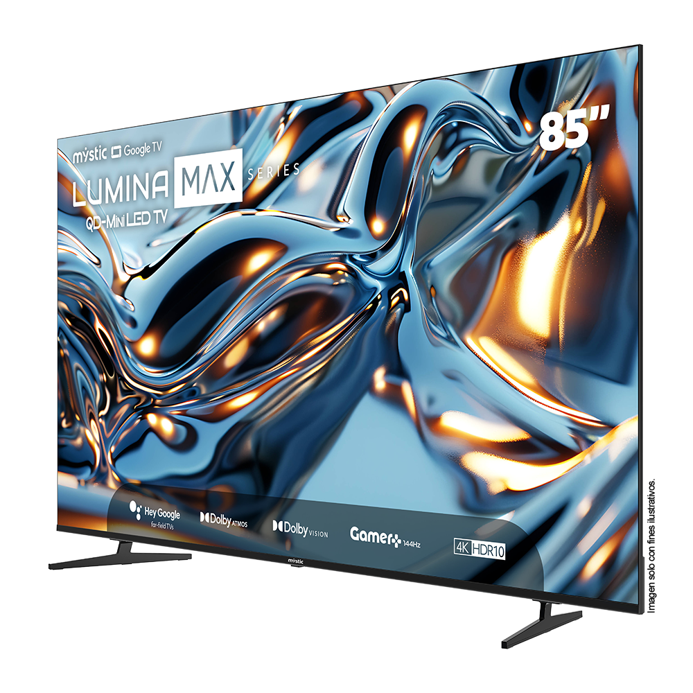 Televisor 85" QD-MiniLED MY-SMIG85709 Lumina Max series, Mystic, con asistente de voz Hey Google Hands Free, 4K HDR10, Gamer 144Hz y Dolby Atmos, Dolby Vision, Google Play Store y Bluetooth