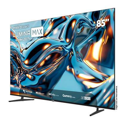 Televisor 85" QD-MiniLED MY-SMIG85709 Lumina Max series, Mystic, con asistente de voz Hey Google Hands Free, 4K HDR10, Gamer 144Hz y Dolby Atmos, Dolby Vision, Google Play Store y Bluetooth