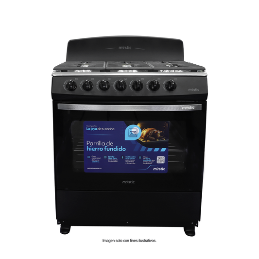 Estufa a gas 30" Agata Plus MY-ST6Q750-PHSC-B, 6 quemadores parrillas de hierro fundido. MYSTIC
