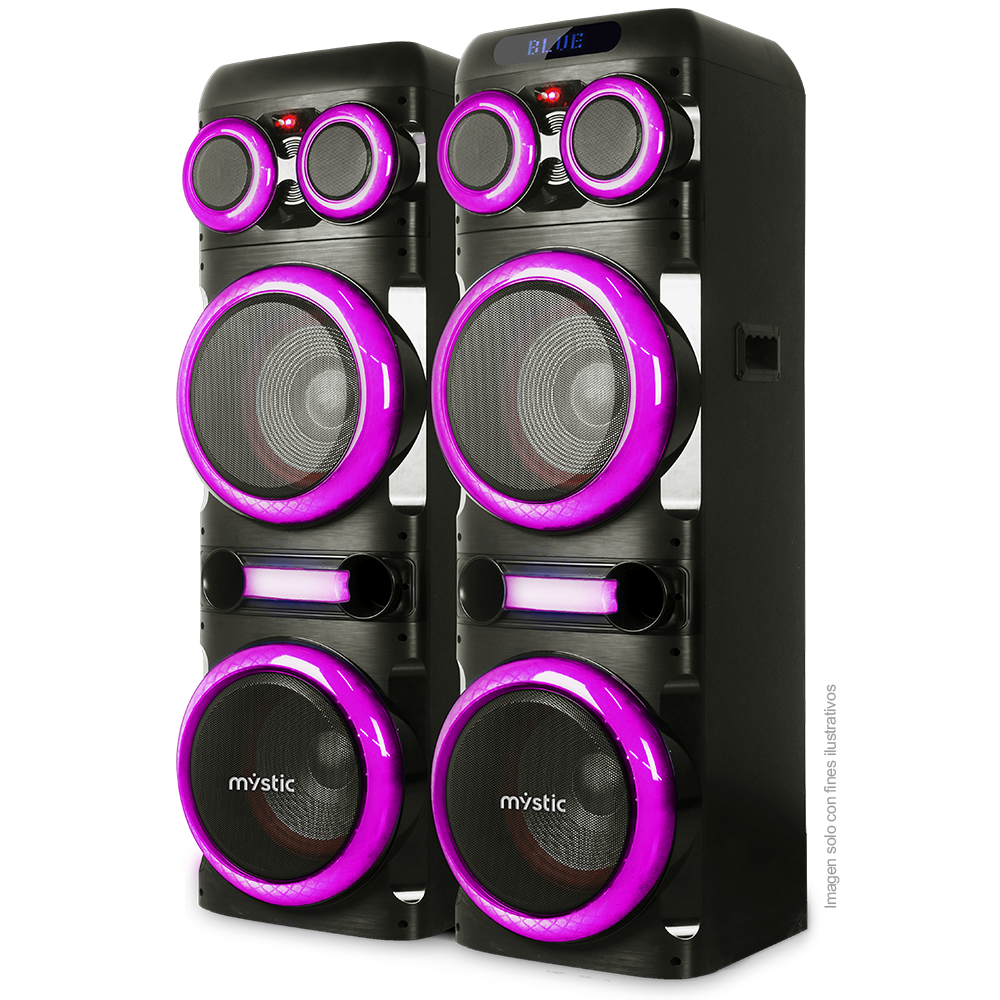 Sound max three, MYPS993U Mystic 120W RMS x 2, audio con Bluetooth, Micrófono inalámbrico UHF, Radio FM, Luz LED.