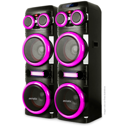 Sound max three, MYPS993U Mystic 120W RMS x 2, audio con Bluetooth, Micrófono inalámbrico UHF, Radio FM, Luz LED.