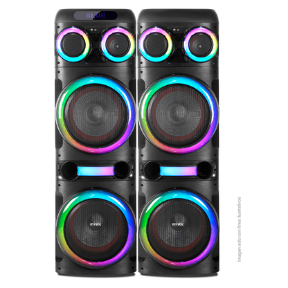 Sound max three, MYPS993U Mystic 120W RMS x 2, audio con Bluetooth, Micrófono inalámbrico UHF, Radio FM, Luz LED.