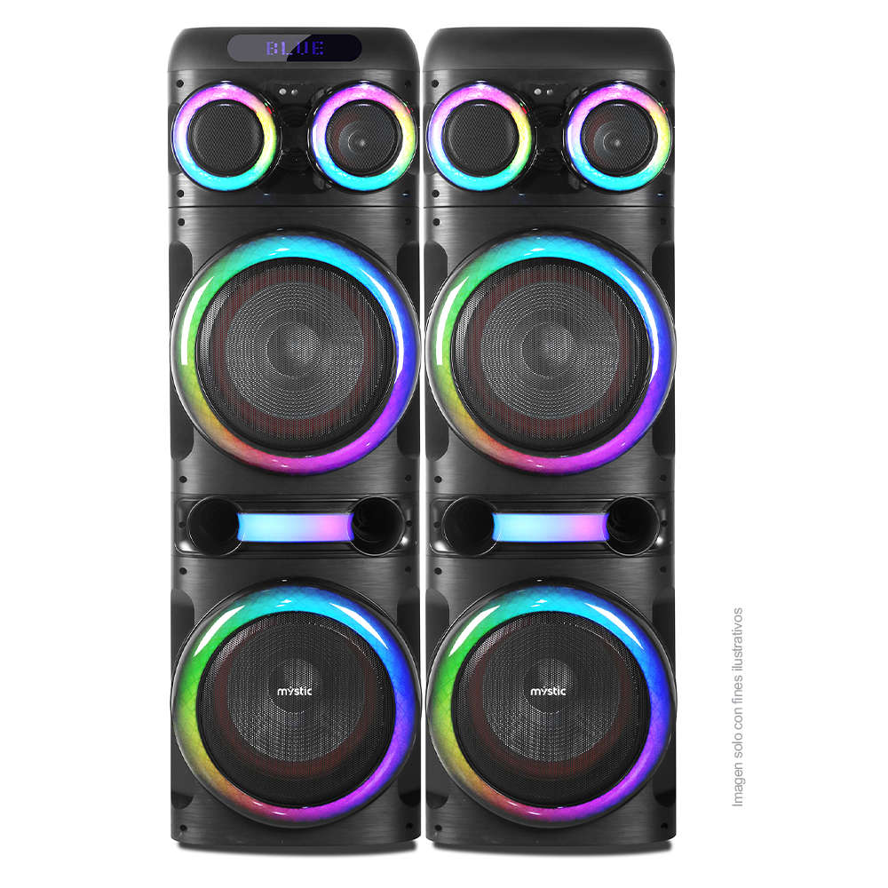 Sound max three, MYPS993U Mystic 120W RMS x 2, audio con Bluetooth, Micrófono inalámbrico UHF, Radio FM, Luz LED.