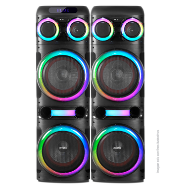Sound max three, MYPS993U Mystic 120W RMS x 2, audio con Bluetooth, Micrófono inalámbrico UHF, Radio FM, Luz LED.