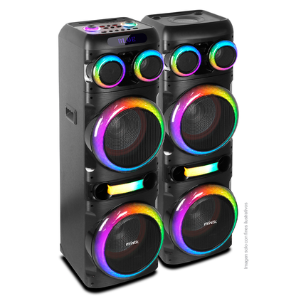 Sound max three, MYPS993U Mystic 120W RMS x 2, audio con Bluetooth, Micrófono inalámbrico UHF, Radio FM, Luz LED.